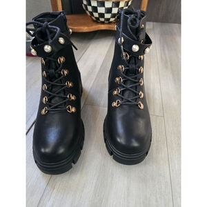 Women's Eloquii Black Lace Up Chunky Combat Boots with Gold Accents Size 8